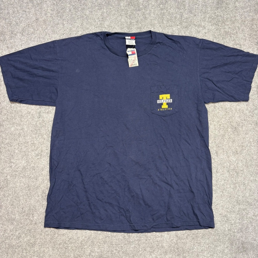 Vintage Tommy Hilfiger Athletics Pocket T-Shirt Navy Blue XXL NWT USA Made